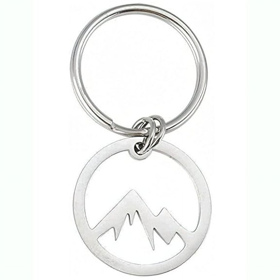 Mens Stainless Steel Round Keychain, 25MM Diameter, Snow Mountain Valley Design, Durable Key Pendant, Steel Color