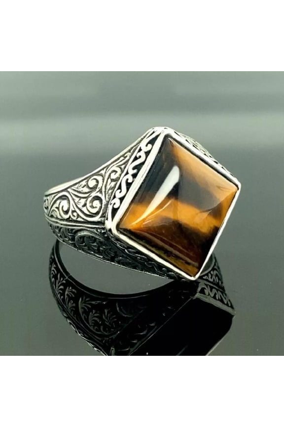 Mens Stainless Steel Silver Natural Tiger Eye Stone Ring Size 7-15 R34