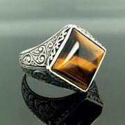 Natural Tiger Eye Gemstone Band Ring Unisex Statement Polished Comfort Fit Size 9 R34