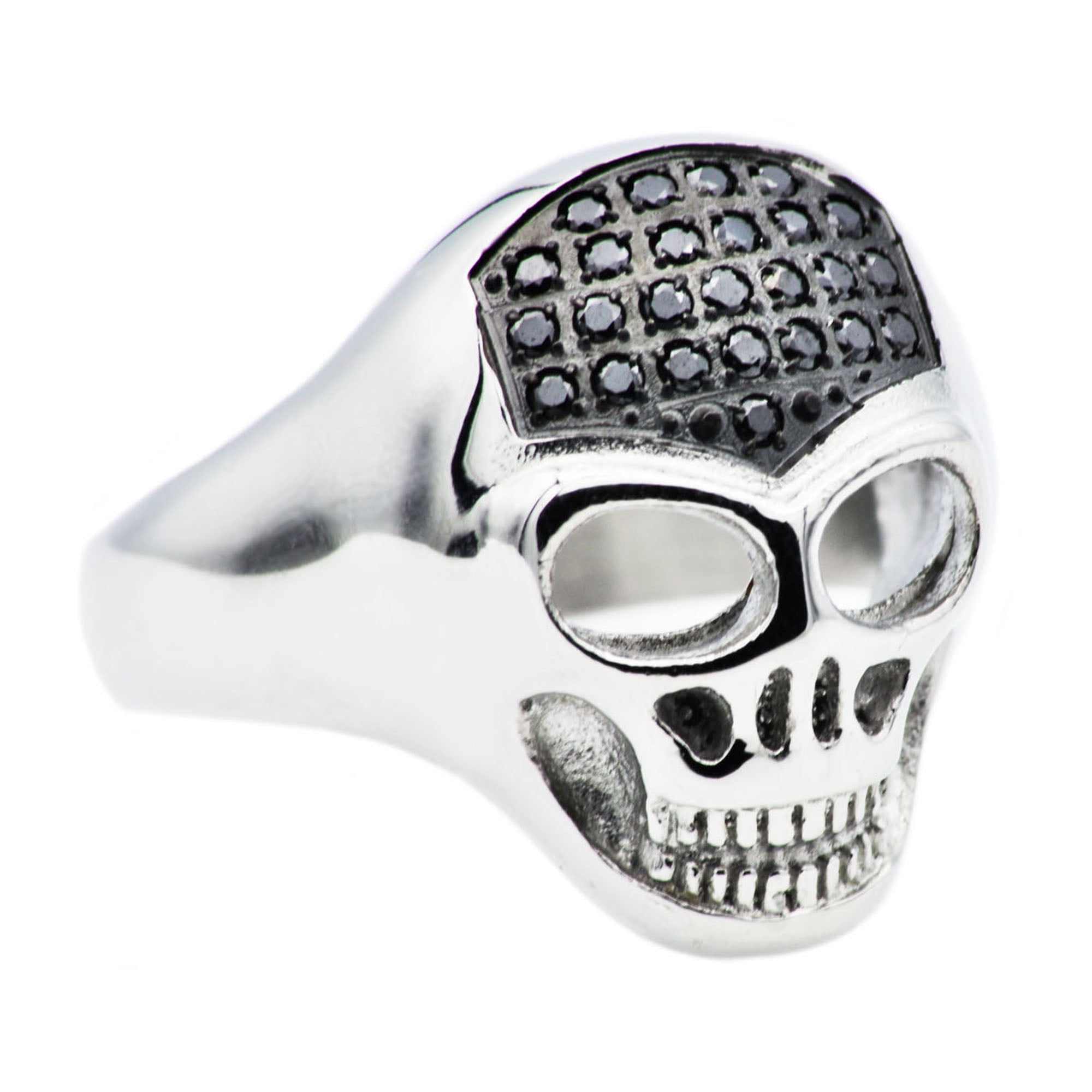 Mens Stainless Steel Skull Ring With Black Cubic Zirconia