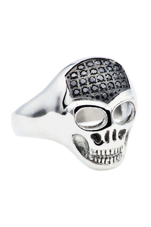 Mens Stainless Steel Skull Ring With Black Cubic Zirconia