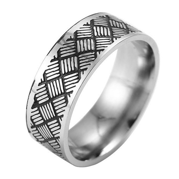 Mens Stainless Steel Vintage Geometric Engraved Ring, 8mm Titanium Steel Band, Smear Pattern Fashion Jewelry