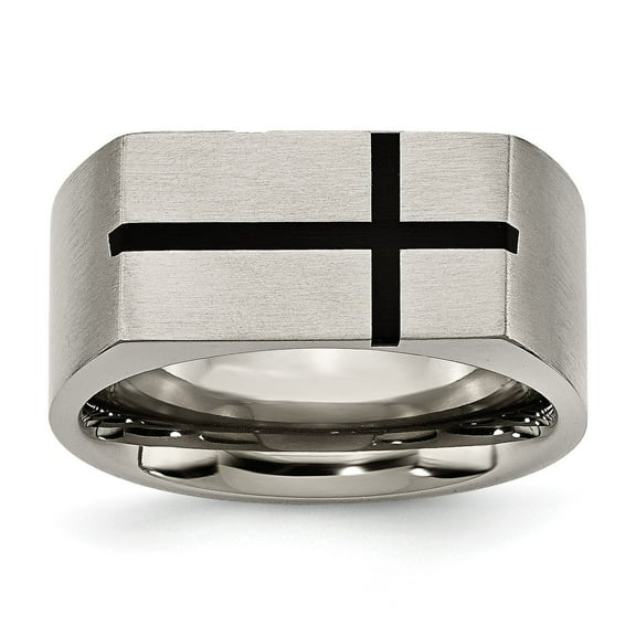 Mens Stainless Steel Wide Band Ring with Black Cross Engraving Flat Matte Finish Modern Geometric Design Minimalist Faith Jewelry for Daily Wear or Special Occasions Contemporary Silver Tone