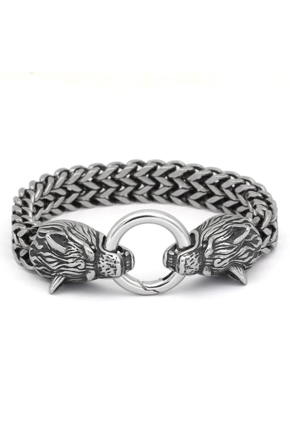 Mens Stainless Steel Wolf Head Franco Link Curb Chain Bracelet with Spring Ring Clasp