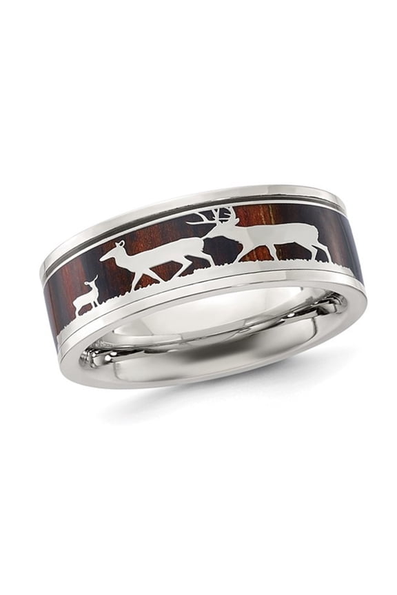 Mens Stainless Steel Wood Deer Inlay 8mm Band Ring