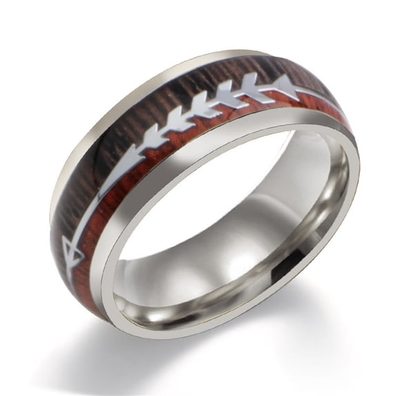 Men's Stainless Steel Ring with Wood Grain Inlay Arrow Design Durable Band Stylish Jewelry for Everyday Wear Perfect Gift for Him Anniversary Present