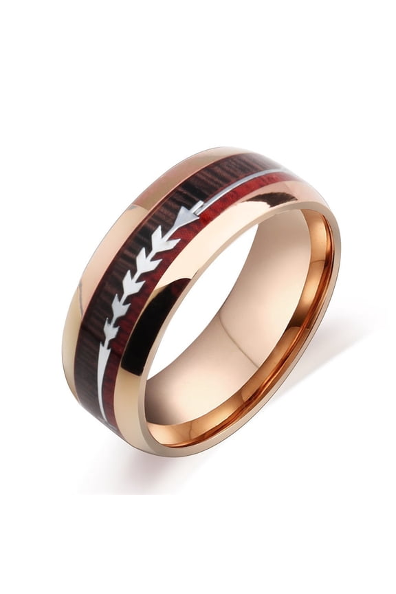 Men's Stainless Steel Ring with Wood Grain Inlay Arrow Design Durable Band Stylish Jewelry for Everyday Wear Perfect Gift for Him Anniversary Present
