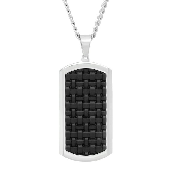 Mens Stainless Steel Woven Faux Leather Dog Tag Pendant Necklace