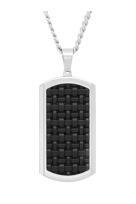 Mens Stainless Steel Woven Faux Leather Dog Tag Pendant Necklace