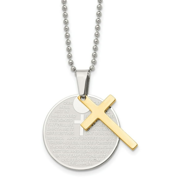 Mens Stainless Steel and Yellow Gold Cross Pendant Necklace with Etched Prayer Medallion and Ball Chain Inspirational Christian Jewelry for Faith and Devotion
