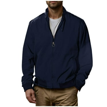 Mens Stand Collar Jacket Classic Full Zip Up Jacket No Hood Nylon Solid Casual Jacket Coat with Pockets (XL, Navy)