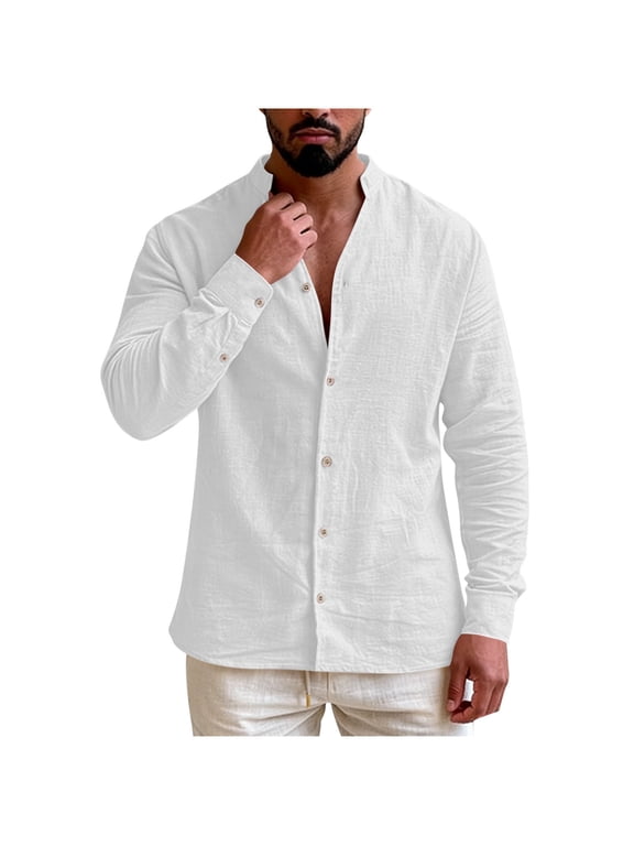 Mens Stand Collar Shirt Long Sleeve Mandarin Collar Button Down Shirt Lightweight Breathable Beach Summer Tops