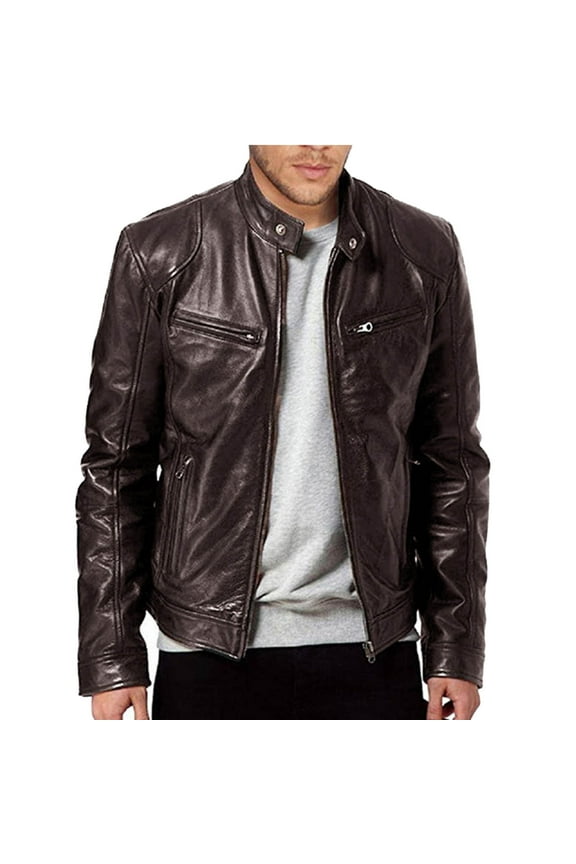 Mens Stand Collar Vintage Moto Jacket Racer Motorcycle Leather Jackets for Men Retro Lightweight Biker Coat