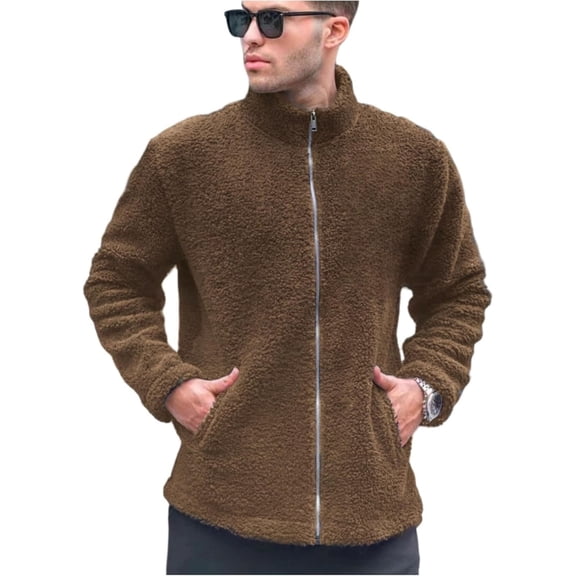 Mens Stand Collar Zip Up Jacket Warm Long Sleeve Pullover Lined Coat Outdoor Fall Winter Lightweight Athletic Full Zip Hoodie Brown Size M