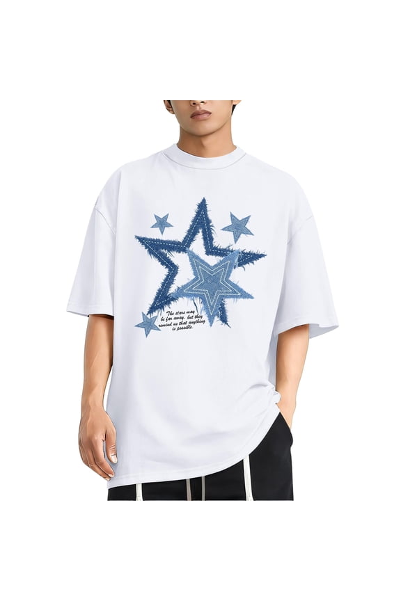 Mens Star Graphic Streetwear T Shirts Casual Short Sleeve Crew Neck Tee White L