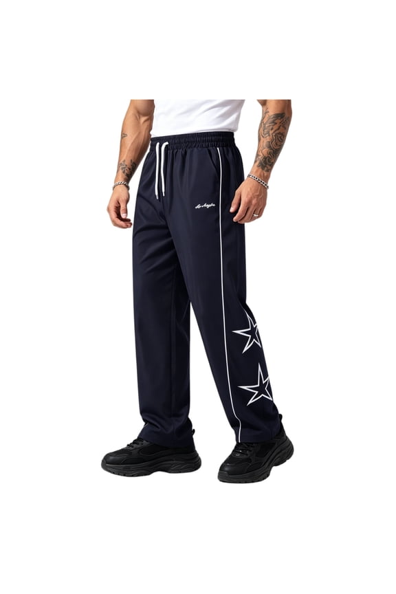 Mens Star Printed Casual Pants Y2K Baggy Sweatpants Drawstring Dance Lightweight Breathable Pants Stylish Straight Leg Streetwear