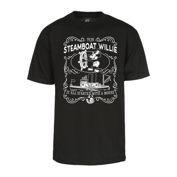 Mens Steamboat Willie T-Shirt - Classic Vintage Label 1928 Cartoon Shirt, Black 2XL