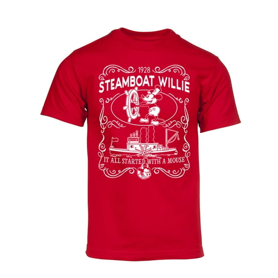 Mens Steamboat Willie T-Shirt - Classic Vintage Label 1928 Cartoon Shirt, Red Small