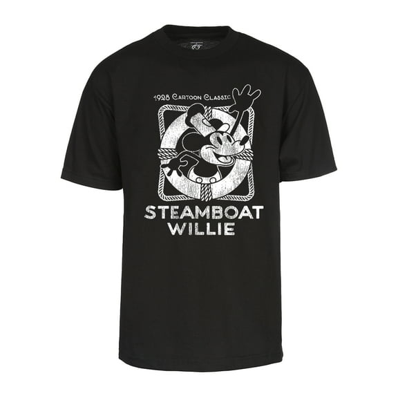 Mens Steamboat Willie T-Shirt - Classic Vintage Life Preserver 1928 Cartoon Shirt, Black X-Large