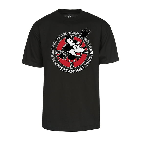 Mens Steamboat Willie T-Shirt - Life Preserver 1928 Classic Cartoon Shirt, Black X-Large