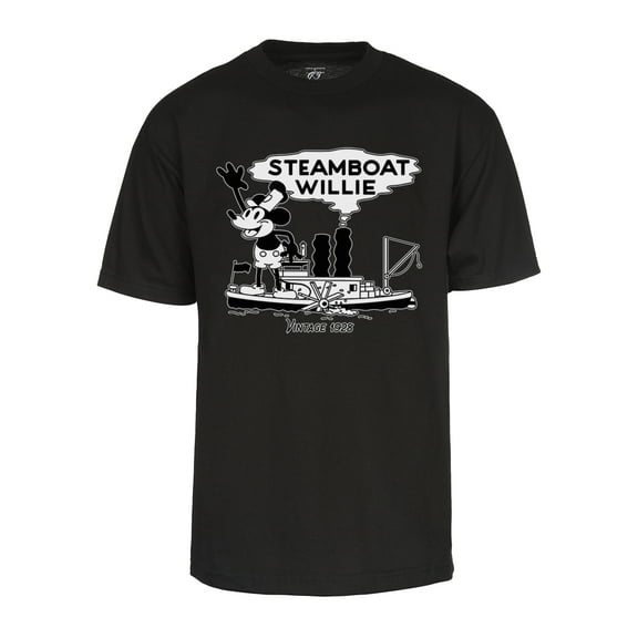 Mens Steamboat Willie T-Shirt - Vintage 1928 Cartoon Shirt, Black Large