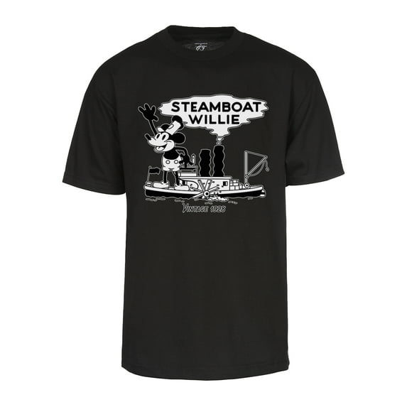 Mens Steamboat Willie T-Shirt - Vintage 1928 Cartoon Shirt, Black X-Large