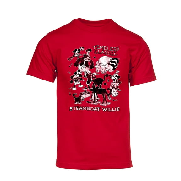 Mens Steamboat Willie T-Shirt - Vintage Timeless Classic Cartoon Shirt, Red Large