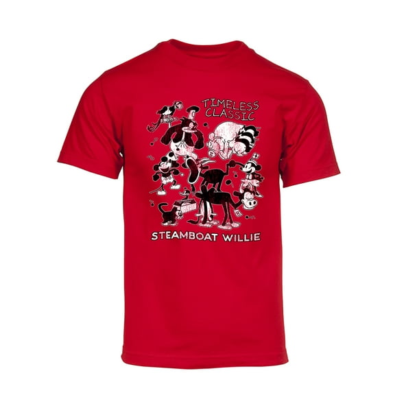 Mens Steamboat Willie T-Shirt - Vintage Timeless Classic Cartoon Shirt, Red Medium
