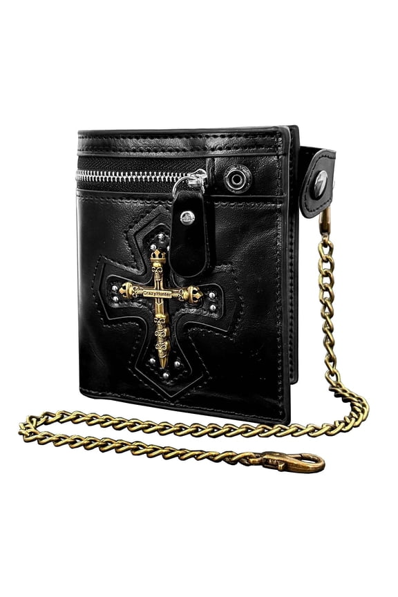 Mens Steampunk Cross Skull Clasp Wallet with Retro Biker Chain Black
