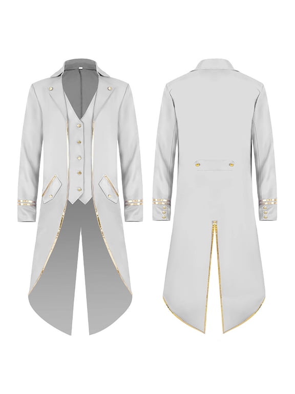Mens Steampunk Jacket Gothic Tailcoat Costume Vintage Tuxedo Renaissance Halloween Mid Length Coats White S