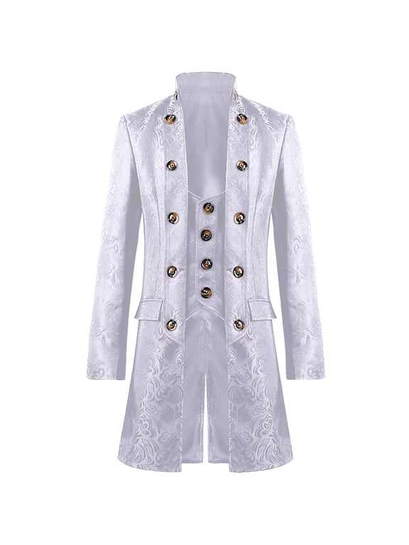 Mens Steampunk Medieval Jacket Paisley Jacquard Pirate Viking Renaissance Costume formal Long Tailcoat Gothic Victorian Tuxedo Coats Big and Tall Size M-3XL White
