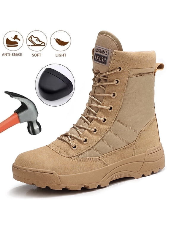 Mens Steel Toe Boots Side Zipper Leather Motorcycle Riding Boots Safety Industrial & Construction Work Boots Slip Resistant Outdoor Hiking shoes (US 7-12)