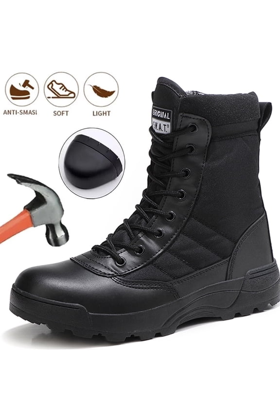 Mens Steel Toe Boots Side Zipper Leather Motorcycle Riding Boots Safety Industrial & Construction Work Boots Slip Resistant Outdoor Hiking shoes (US 7-12)