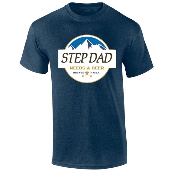 Mens Step Dad Needs A Beer Shirt Funny Blue Mountains American Can Logo Parody Short Sleeve T-shirt Graphic Tee-Heather Navy-xxl