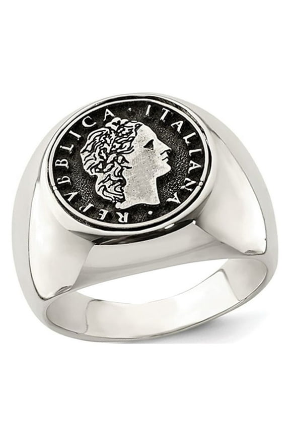 Gem & Harmony Mens Sterling Silver Antiqued Replica 50 Lire Italian Coin Ring for Men