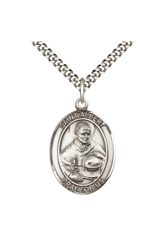 Mens Sterling Silver Saint Albert the Great Medal Pendant on 24" Rhodium Plated Heavy Curb Brass Chain with Lobster Claw clasp, Catholic Religious Necklace -Made in USA- Velvet Gift Box