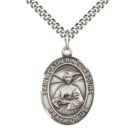 Mens Sterling Silver Saint Catherine Laboure Medal Pendant on 24" Rhodium Plated Heavy Curb Brass Chain with Lobster Claw clasp, Catholic Religious Necklace -Made in USA- Velvet Gift Box