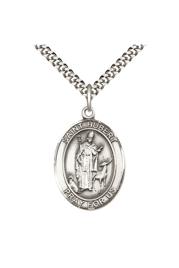 Mens Sterling Silver Saint Hubert of Liege Medal Pendant on 24" Rhodium Plated Heavy Curb Brass Chain with Lobster Claw clasp, Catholic Religious Necklace -Made in USA- Velvet Gift Box
