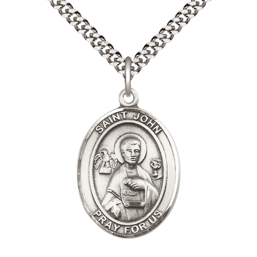 Mens Sterling Silver Saint John the Apostle Medal Pendant on 24 inch ...