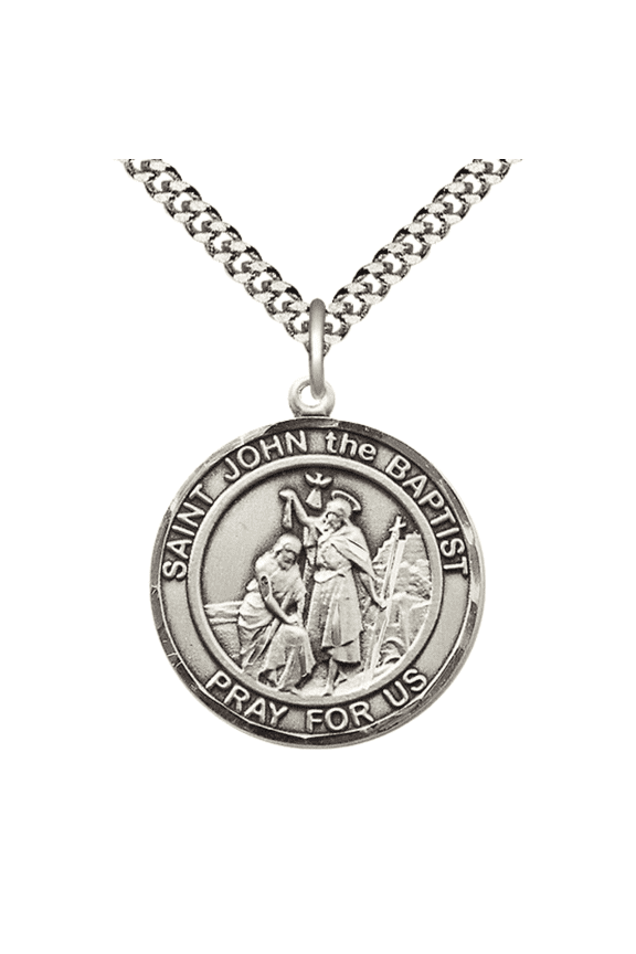 Mens Sterling Silver Saint John the Baptist Medal Pendant on 24" Rhodium Plated Heavy Curb Brass Chain with Lobster Claw clasp, Catholic Religious Necklace -Made in USA- Velvet Gift Box