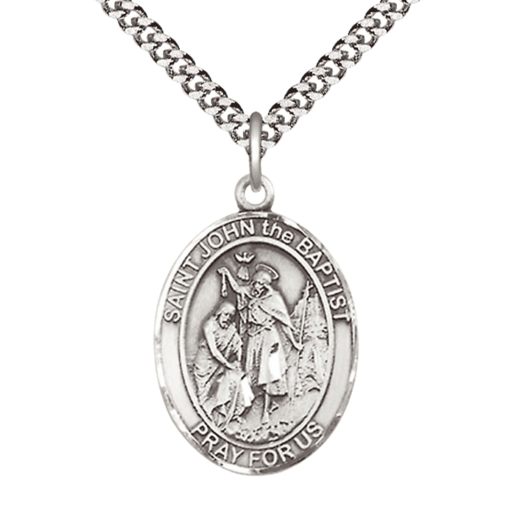 Mens Sterling Silver Saint John the Baptist Medal Pendant on 24 inch ...