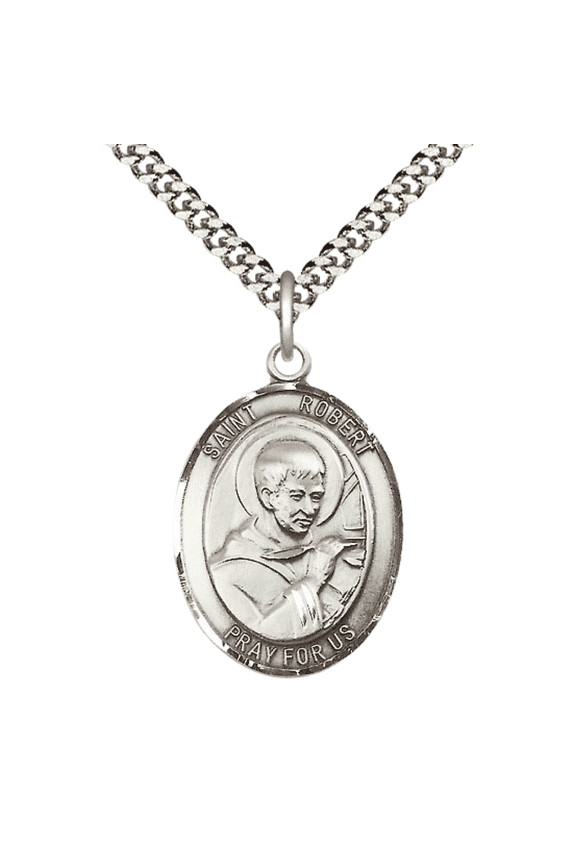 Mens Sterling Silver Saint Robert Bellarmine Medal Pendant on 24" Rhodium Plated Heavy Curb Brass Chain with Lobster Claw clasp, Catholic Religious Necklace -Made in USA- Velvet Gift Box