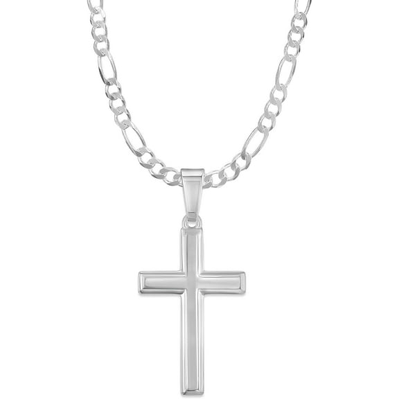 Mens Sterling Silver Traditional Cross Pendant with Italian Figaro Chain Necklace