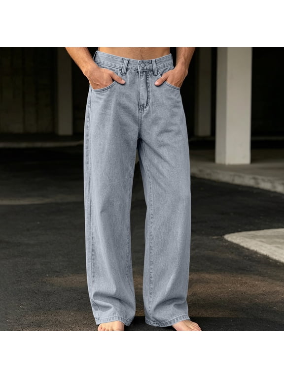Mens Stone Washed Baggy Wide Leg Jeans High Waist Loose Relaxed Fit 100% Cotton Denim Pants Light Blue,Size XS