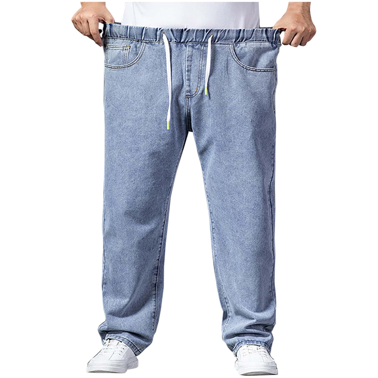 Mens Straight Denim Pants Casual Elastic Waist Drawstring Trousers Lightweight Loose Fit Jeans