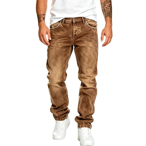 Mens Straight Leg Jeans Casual Distressed Denim Pants for Spring and Fall Loose Fit Long Trousers with Pocket Design