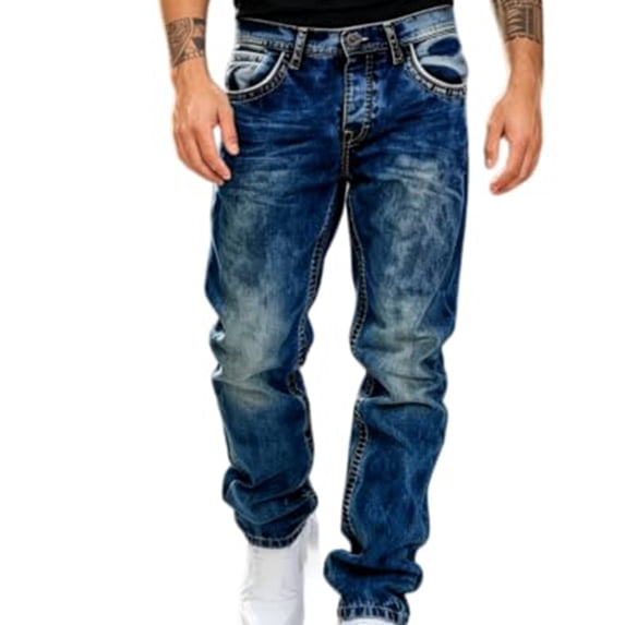 Mens Straight Leg Jeans Casual Distressed Denim Pants for Spring and Fall Loose Fit Long Trousers with Pocket Design