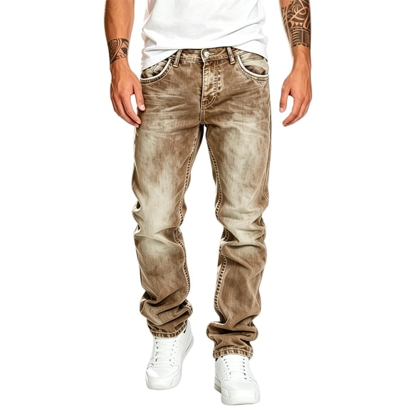 Mens Straight Leg Jeans Casual Distressed Denim Pants for Spring and Fall Loose Fit Long Trousers with Pocket Design