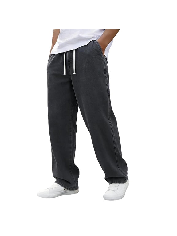 Mens Straight Leg Jeans Smart Casual Stretch Denim Pants Classic Bottoms Elasticated Waist Drawsting Jean Smart Plain Rugby Trouser for Outdoor Camping Hiking