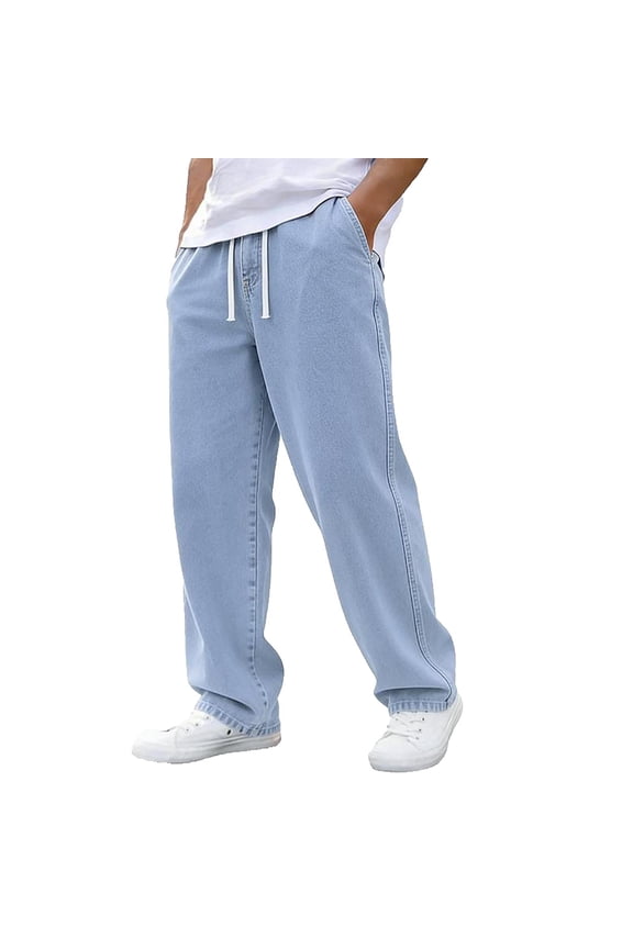Mens Straight Leg Jeans Smart Casual Stretch Denim Pants Classic Bottoms Elasticated Waist Drawsting Jean Smart Plain Rugby Trouser for Outdoor Camping Hiking